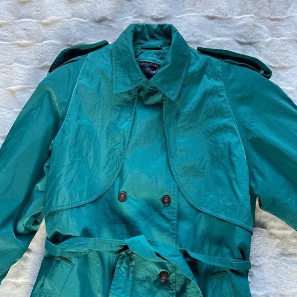 🔥Vintage 80s Maggie Lawrence Double Breasted Long Rain Trench Coat Quilt Line - Picture 9 of 16